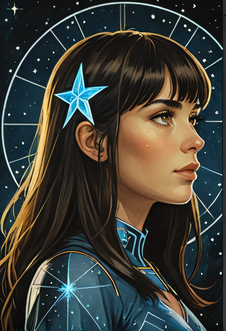 high quality, masterpiece, digital painting, 1girl, woman, bangs, portrait, solo, from side, side view, (full body:0.6), looking at viewer, detailed background, detailed face, (dark fantasy theme:1.1) (glowing eyes:1.05), embodied star constellation, zodiac, horoscope, calm composure, occult, gemini, esoteric geometric symbolism, celestial energy, stars, shine, symmetry, stardust, backlighting, cosmic space background, esoteric atmosphere,