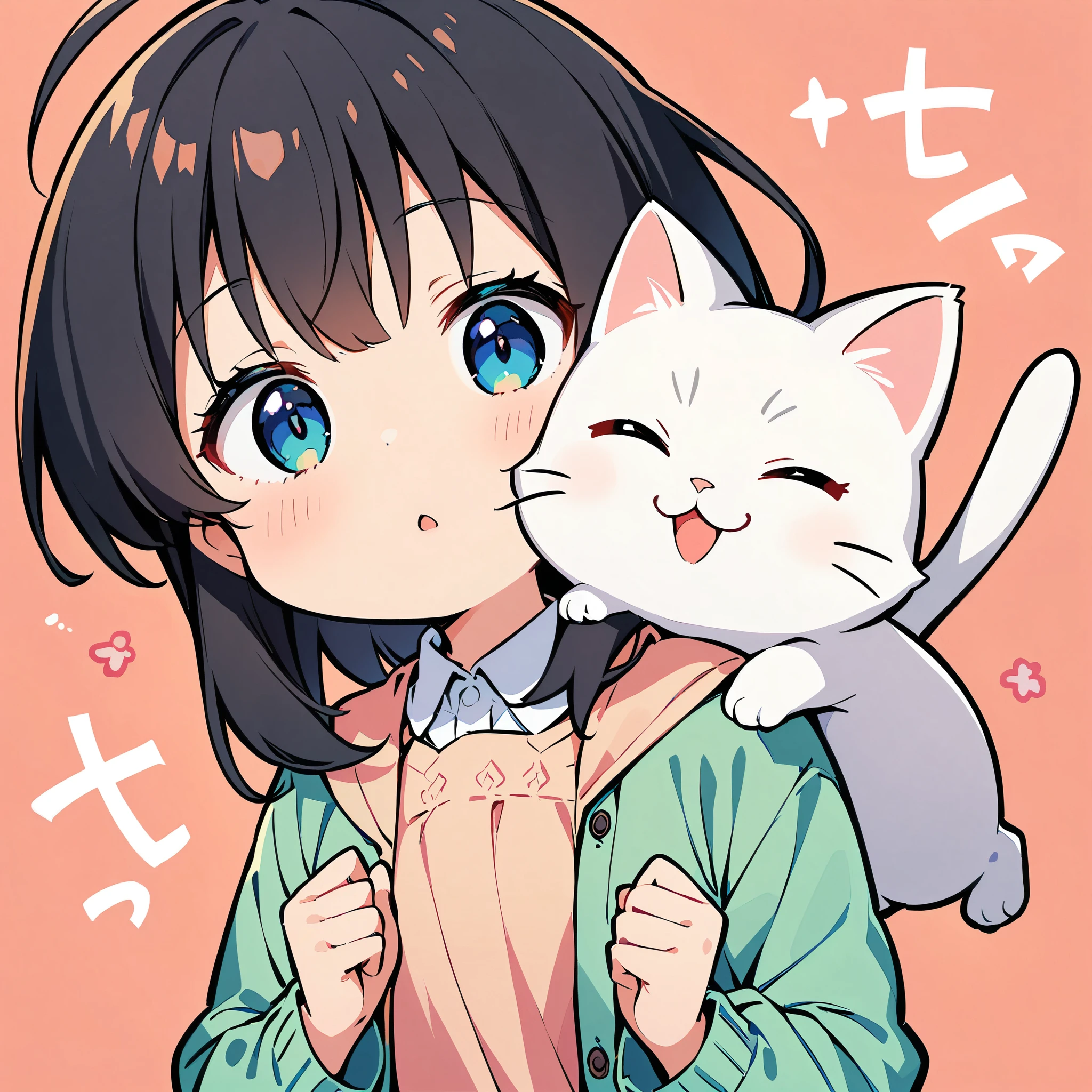 A girl and a cute cat, Cat and girl, Deformation, White cat, Black Hair Girl, Solid color background, 