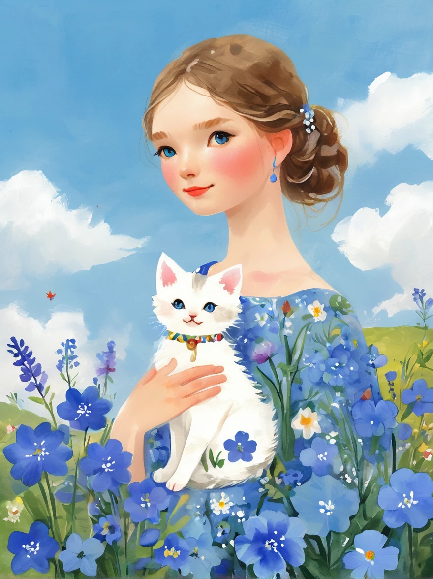 (美麗的年輕女孩穿著一件由藍色花朵製成的漂亮裙子:1.5)，(抱着一只可爱的小猫:1.5)，美麗的風景背景，白云，幻想寫實主義，迷人，高動態範圍，高度詳細的逼真數位藝術