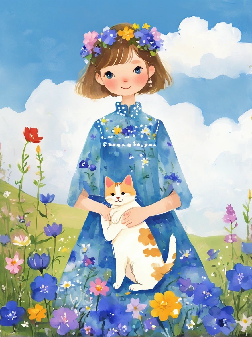 (Beautiful young girl wearing a beautiful dress made of blue flowers:1.5)，(Holding a cute kitten:1.5)，Beautiful landscape background，White Cloud，fantasy-realism，Fascinating，HDR，Highly detailed photorealistic digital art