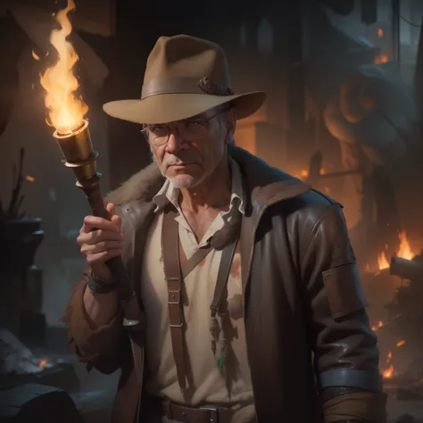 (extremely detailed CG unity 8k wallpaper), full shot body photo of the most beautiful artwork of  indiana jones holding a torch...