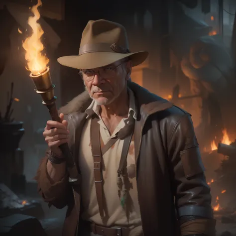 (extremely detailed cg unity 8k wallpaper), full shot body photo of the most beautiful artwork of  indiana jones holding a torch...