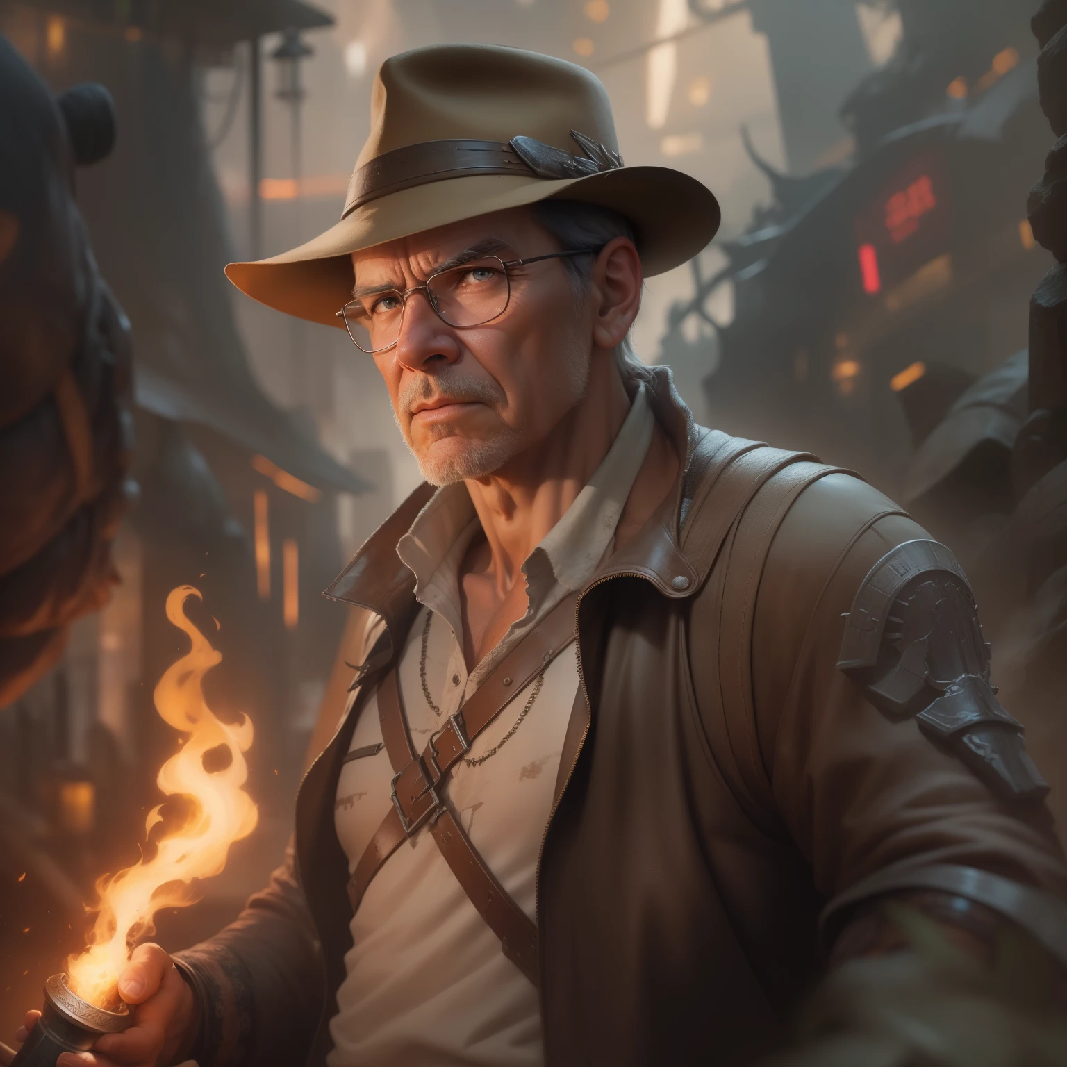 (extremely detailed CG unity 8k wallpaper), full shot body photo of the most beautiful artwork of  indiana jones holding a torch, torn jacket, nostalgia professional majestic oil painting by Ed Blinkey, Atey Ghailan, Studio Ghibli, by Jeremy Mann, Greg Manchess, Antonio Moro, trending on ArtStation, trending on CGSociety, Intricate, High Detail, Sharp focus, dramatic, photorealistic painting art by midjourney and greg rutkowski