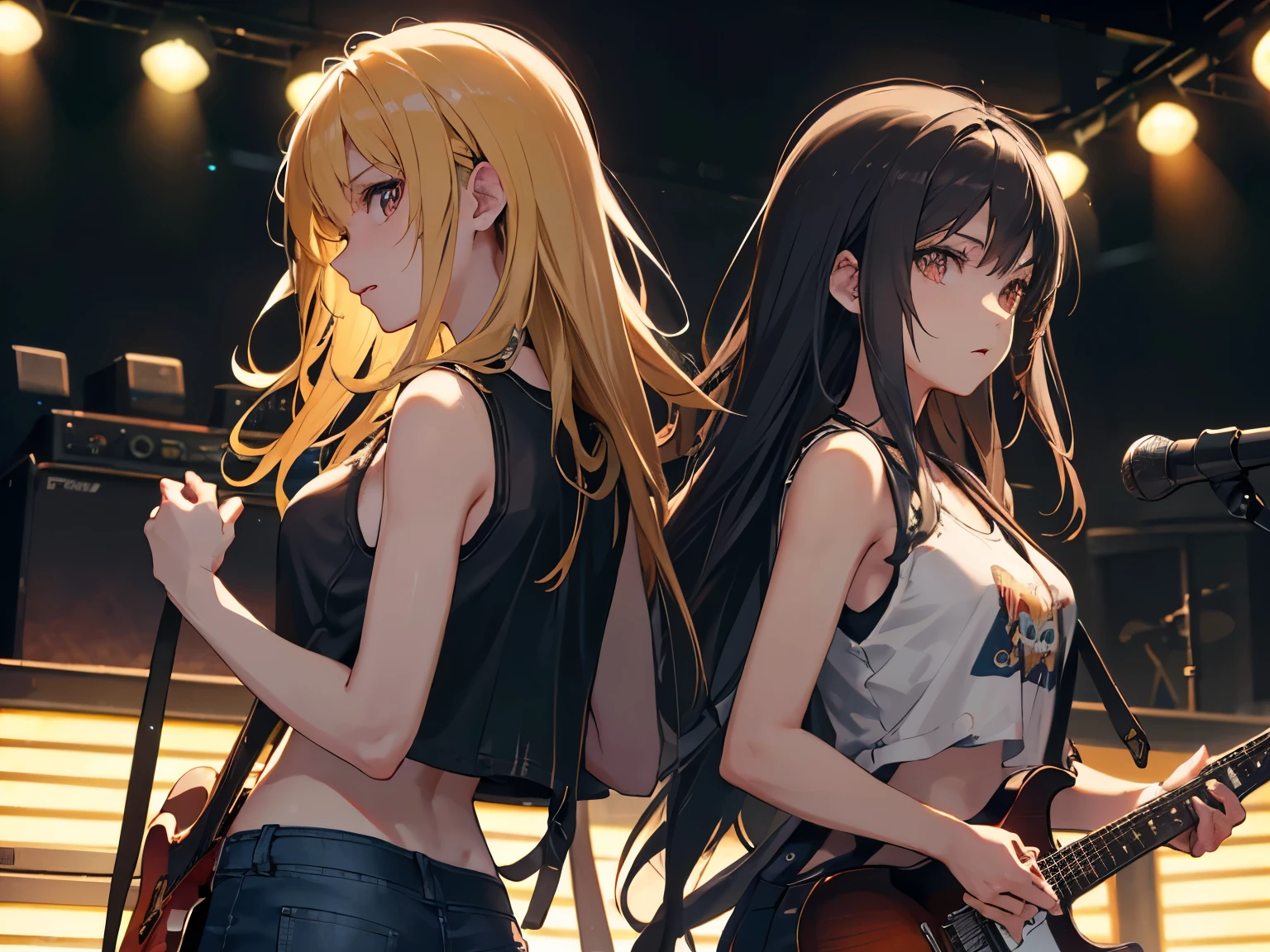 (detailed face), high details, high quality, best quality, masterpiece, Ultra-realism, Detailed and clear depiction, ((Two guitarists playing back to back at a live venue)), two guitarists, Electric guitar, rock band, colorful lights, enthusiasm, (Black hair, long hair, tank top, leather pants), (Blonde, short hair, frayed denim jacket, T-shirt)