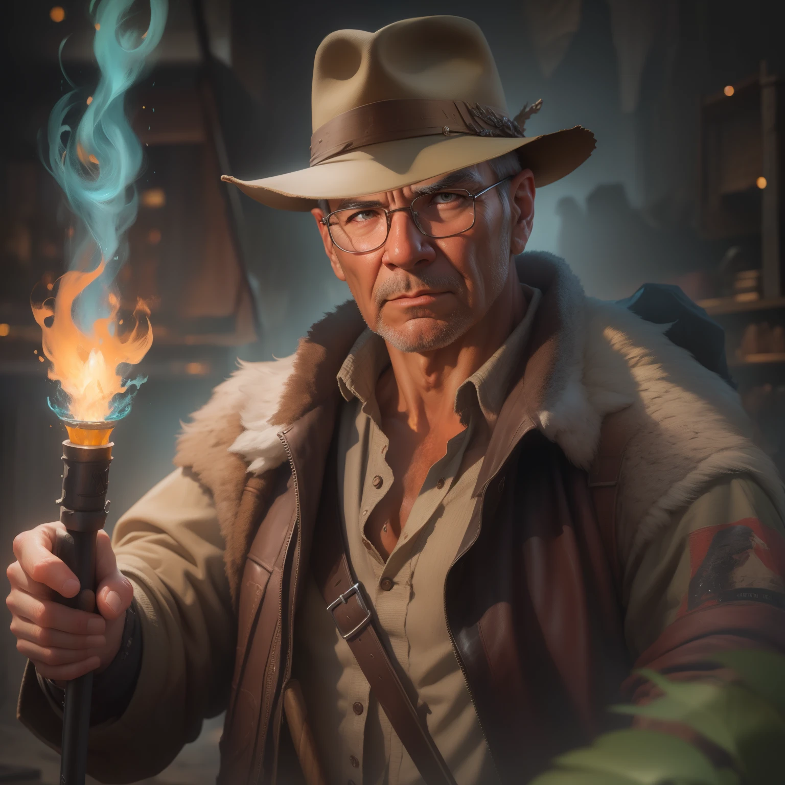 (extremely detailed CG unity 8k wallpaper), full shot body photo of the most beautiful artwork of  indiana jones holding a torch, torn jacket, nostalgia professional majestic oil painting by Ed Blinkey, Atey Ghailan, Studio Ghibli, by Jeremy Mann, Greg Manchess, Antonio Moro, trending on ArtStation, trending on CGSociety, Intricate, High Detail, Sharp focus, dramatic, photorealistic painting art by midjourney and greg rutkowski