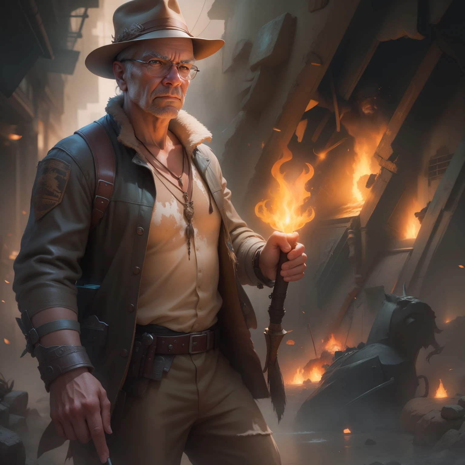 (extremely detailed CG unity 8k wallpaper), full shot body photo of the most beautiful artwork of  indiana jones holding a torch, torn jacket, nostalgia professional majestic oil painting by Ed Blinkey, Atey Ghailan, Studio Ghibli, by Jeremy Mann, Greg Manchess, Antonio Moro, trending on ArtStation, trending on CGSociety, Intricate, High Detail, Sharp focus, dramatic, photorealistic painting art by midjourney and greg rutkowski