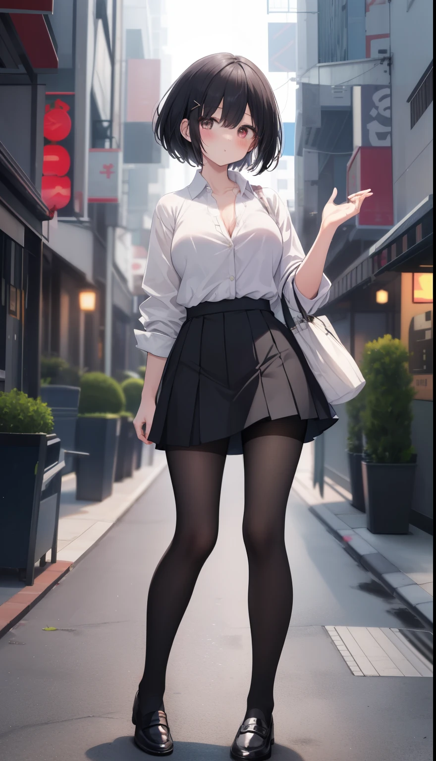 Anime girl in a skirt and shirt standing on a street - SeaArt AI