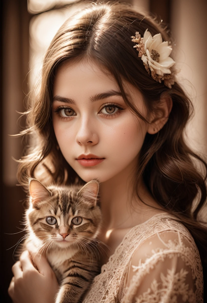 Girl with Cat, A girl with a cute kitten,sepia toned photography,beautiful detailed eyes,beautiful detailed lips,extremely detailed eyes and face,long eyelashes,vintage style,crochet flowers,1967,soft lighting,warm color palette,film grain effect,bokeh background,natural tones,nostalgic mood