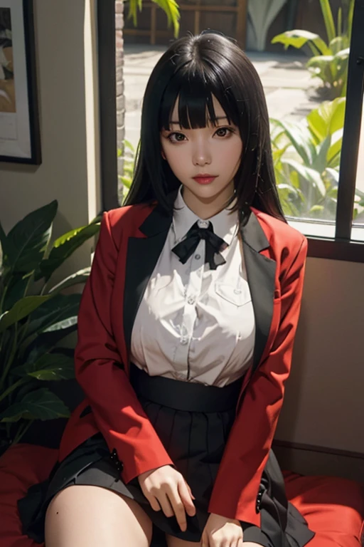 sit in tropical rainforest , steam , waistband of skirt is at the point above chest , Tight shirt , white Shirt , school girl , skirt under breasts , skirt is near breasts area , skirt is adjacent to the chest , jabami yumeko, black hair, long hair, blunt bangs , red jacket, shirt, black skirt , big breasts , pikkyyumeko pikkyyumeko, 1girl, solo, looking at viewer, black hair, bangs, blunt bangs, long hair, very long hair, hime cut, red eyes, glowing eyes, breasts, large breasts, , shirt, red jacket, jacket, white shirt, collared shirt, lips, blazer, black pantyhose, mary janes,  full body,