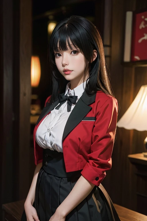 sit in tropical rainforest , steam , waistband of skirt is at the point above chest , Tight shirt , white Shirt , school girl , skirt under breasts , skirt is near breasts area , skirt is adjacent to the chest , jabami yumeko, black hair, long hair, blunt bangs , red jacket, shirt, black skirt , big breasts , pikkyyumeko pikkyyumeko, 1girl, solo, looking at viewer, black hair, bangs, blunt bangs, long hair, very long hair, hime cut, red eyes, glowing eyes, breasts, large breasts, , shirt, red jacket, jacket, white shirt, collared shirt, lips, blazer, black pantyhose, mary janes,  full body,