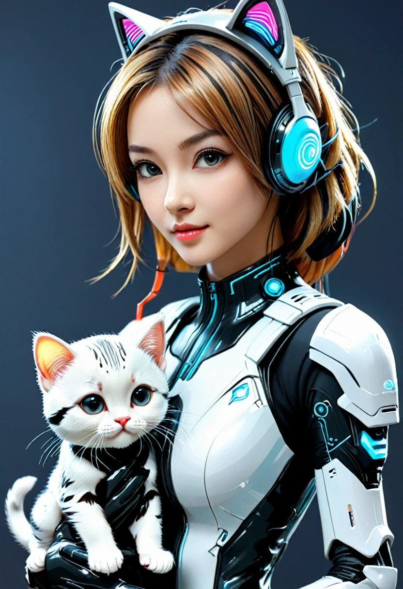 사이버 라이프와 사이버 생물이 있는 귀여운 사이버 세계, 이 귀여운 사이버 세계에서는 매우 아름답고 귀여운 사이버 소녀와 귀여운 사이버 고양이가 함께 있습니다., 사이버 소녀가 자세히 표시됩니다., 사이버캣이 자세히 나와있습니다, 높은 해상도, 첨단 기술, 사이버네틱 생물