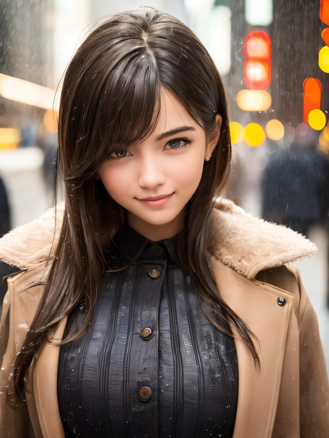 Chica sonriente parada en medio de una calle abarrotada bajo la lluvia torrencial, cara detallada, hermosos ojos y labios, alumnos super detallados, piel realista, pelo húmedo, Ropa mojada, vestido que se pega a la piel, gotas de lluvia , Edificios de la ciudad, iluminación atmosférica, cinematográfico, 8k, muy detallado, Fotorrealista, colores vibrantes, cruce de shibuya