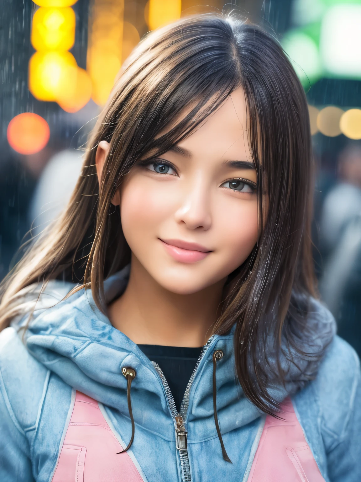 Smiling girl standing in the middle of a crowded street in the pouring rain, detailed face, beautiful eyes and lips, super detailed pupils, realistic skin, wet hair, wet clothes, dress that sticks to the skin, raindrops , city buildings, atmospheric lighting, cinematic, 8K, highly detailed, photorealistic, vibrant colors, Shibuya Crossing