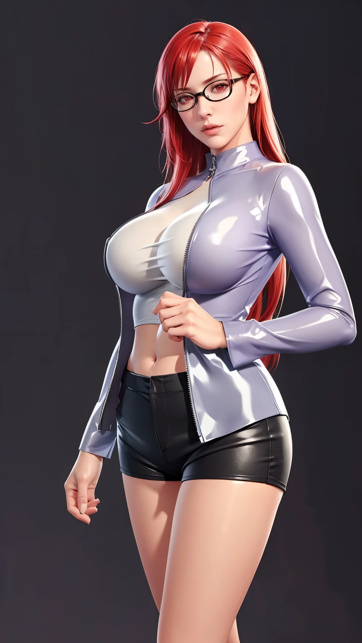 （（（完美figure，figure，solo， White and tender skin，（（（Cyberpunk，purple jacket,long shirt，navel，toeless footwear，black shorts，zipper））），（（（karinuzumaki，red hair，long hair，glasses，red eyes，））），((masterpiece)),high resolution, ((Best quality at best))，masterpiece，quality，Best quality，（（（ Exquisite facial features，Looking at the audience,There is light in the eyes，(（（lol，Happy，blush））），））），（（（Light and shadow，Huge breasts））），（（（Looking at the camera，black background，)）））