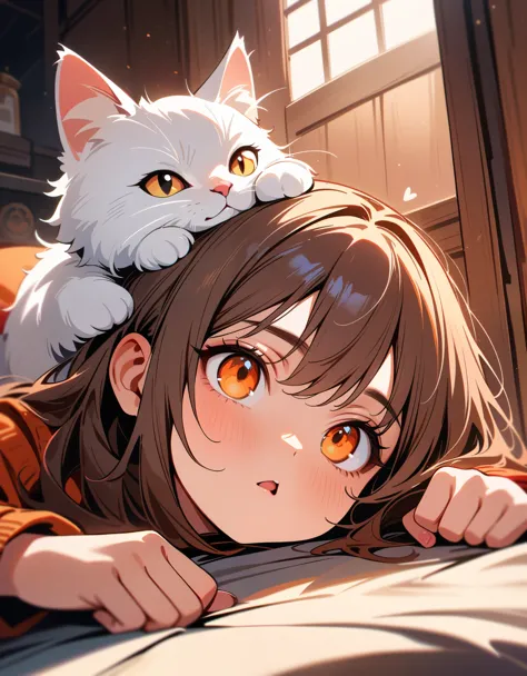 masterpiece, best quality, very aesthetic, absurdres, newest,a close-up of a cat lying on top of a girl's head, beautiful detail...