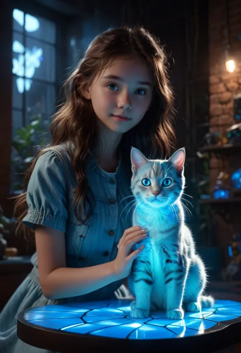 Girl with Cat, Hyperreal dof volumetric lighting, translucent cute girl playing with a (Translucent rough Blue Hologram  of a ca...