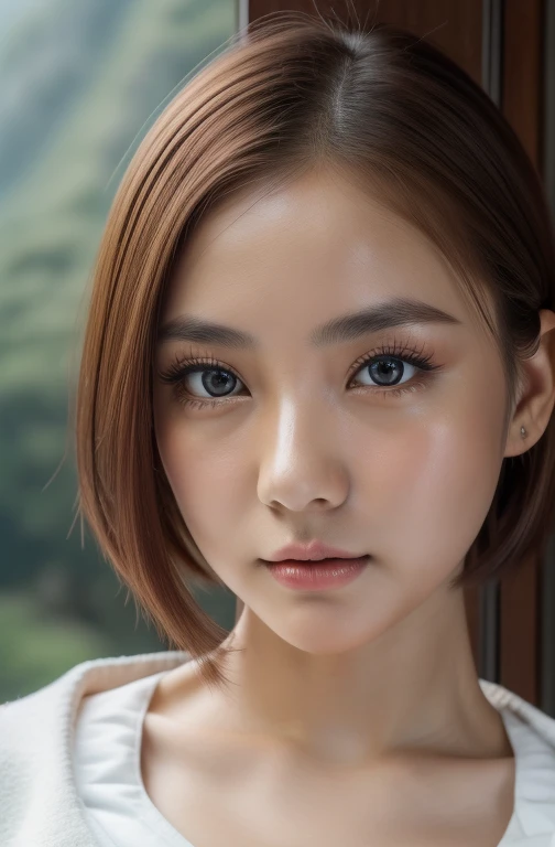 (8k, Raw photo, highest quality, masterpiece:1.2),(Realistically, Photo Real:1.4),(Highly detailed CG Unity 8k wallpaper),(Round face: 1.5), (Detailed pupil:1.3), Beautiful Japanese, (Small breasts:1.4), double eyelid, (Big eyes:1.1),Long eyelashes, Look forward, Half Body, Red lips, Short Bob Hair, Wearing a white coat, Morning Scenery, View the viewer, Calm expression, Centered, Upper Body