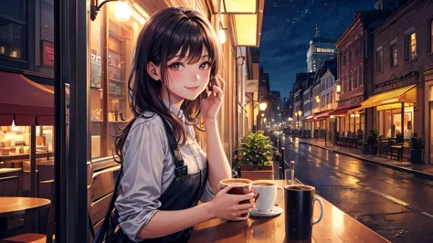 (Original photo, highest quality), 1 girl,  Liza, night,Cafe, smile,
Sathosh Khan&#39;s art style