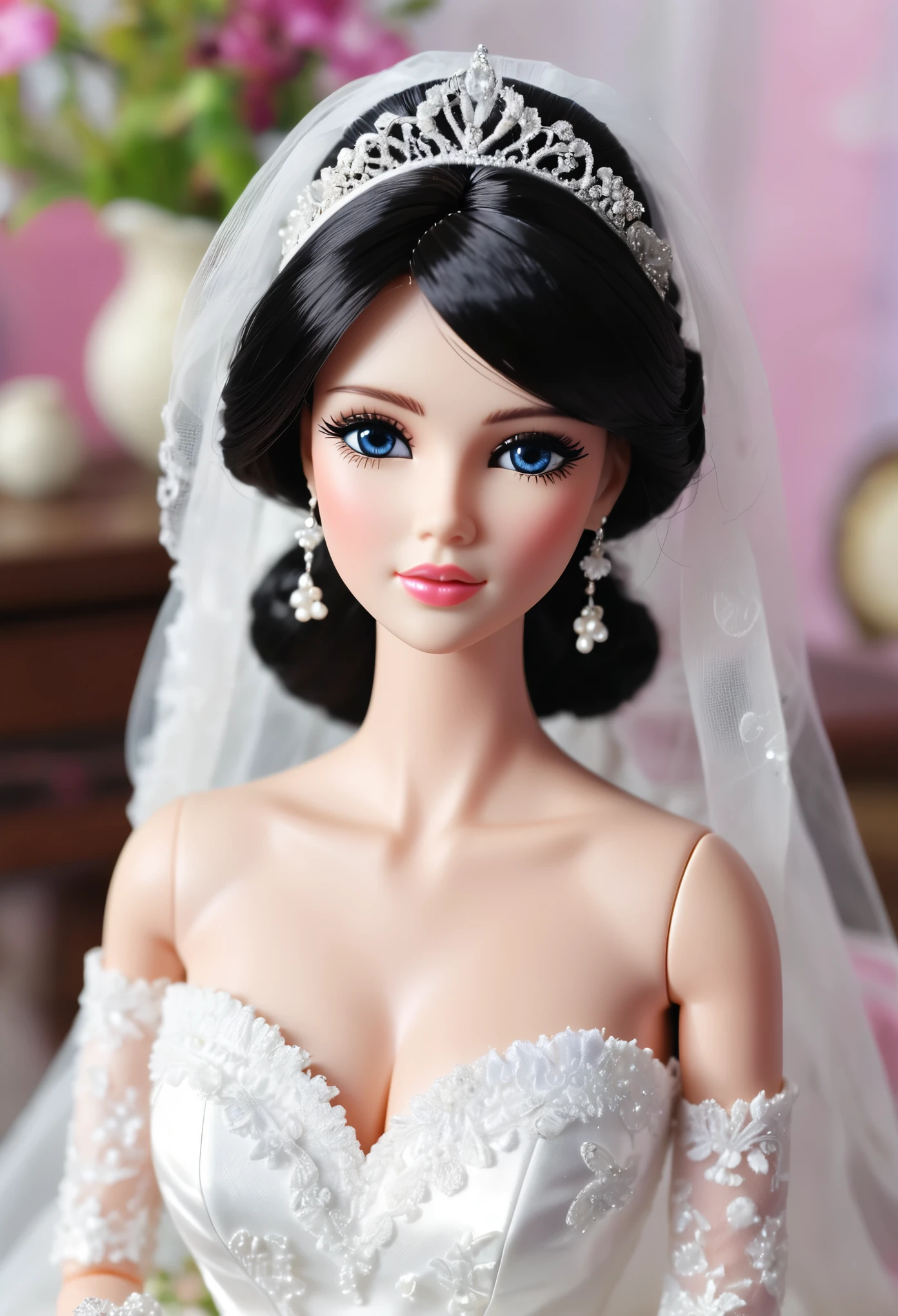 (masterpiece, best quality: 1.2),Barbie doll, ，Exquisite eyes,Black Hair， Perfect body（（Wedding dress））Sitting on the sofa（8K）（HD）