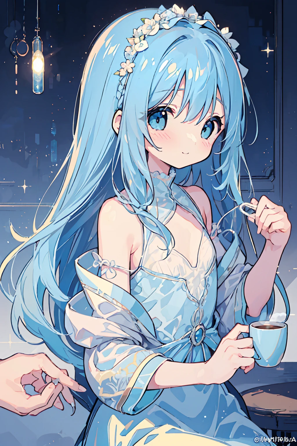 masterpiece, best quality, extremely detailed, (illustration, official art:1.1), 1 girl ,(((( light blue long hair)))), ,(((( light blue long hair)))),light blue hair, ,10 years old, long hair ((blush)) , cute face, big eyes, masterpiece, best quality,(((((a very delicate and beautiful girl))))),Amazing,beautiful detailed eyes,blunt bangs((((little delicate girl)))),tareme(true beautiful:1.2), sense of depth,dynamic angle,,,, affectionate smile, (true beautiful:1.2),,(tiny 1girl model:1.2),)(flat chest), (((masterpiece))), (((best quality))), (((ultra detailed))), sunset, Girl drinking cocoa in mug, steam rising from mug, background is room with warm atmosphere, happy, cutecore, anime deformation style cute illustration ,