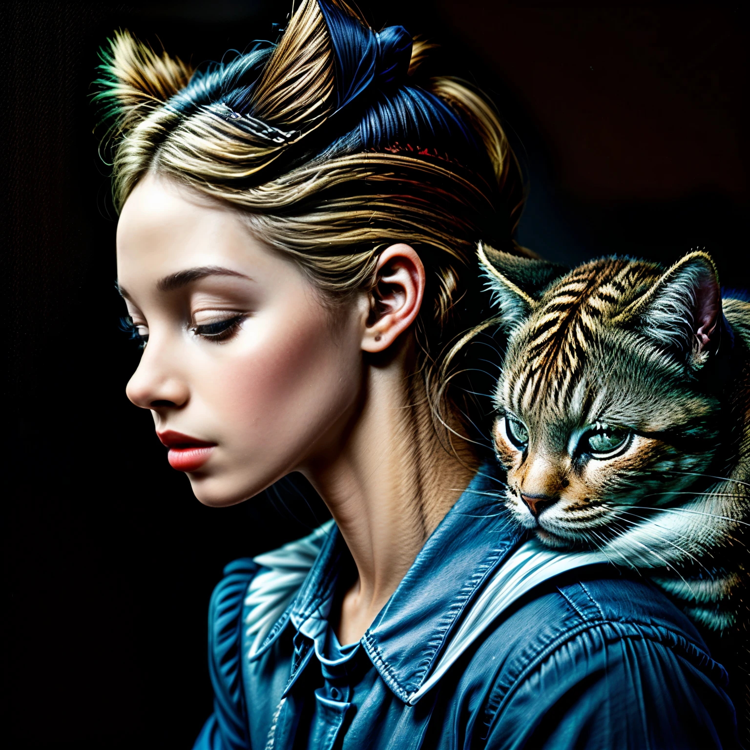 Fantasy、Alice in Wonderland、1 Illustration of a girl and orange tabby、(A girl sleeping while leaning against an orange tabby:1.５)、Forest Background、Beautiful detailed eyes、Beautiful detailed lips、Highly detailed faces and features、Long eyelashes、Cinematic lighting、Dramatic lighting、Bright colors、Fantasy、Surreal、dream-like、(highest quality、4k、8k、High Resolution、masterpiece:1.2)、Super detailed、(Real、Photorealistic、Photorealistic:1.37)、celestecat
