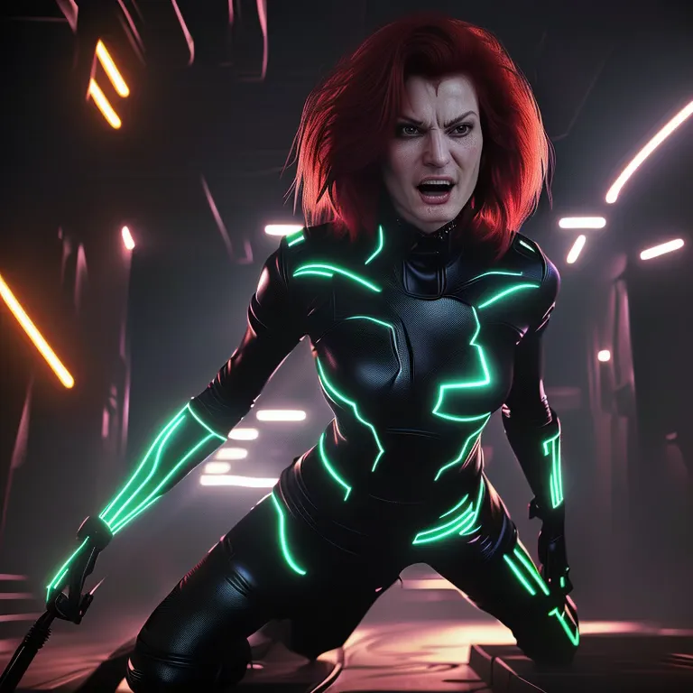 A sassy, obnoxious red-haired dominatrix woman, (Sandra Bernhard age 25), in a Tron-inspired futuristic sci-fi setting, punishin...