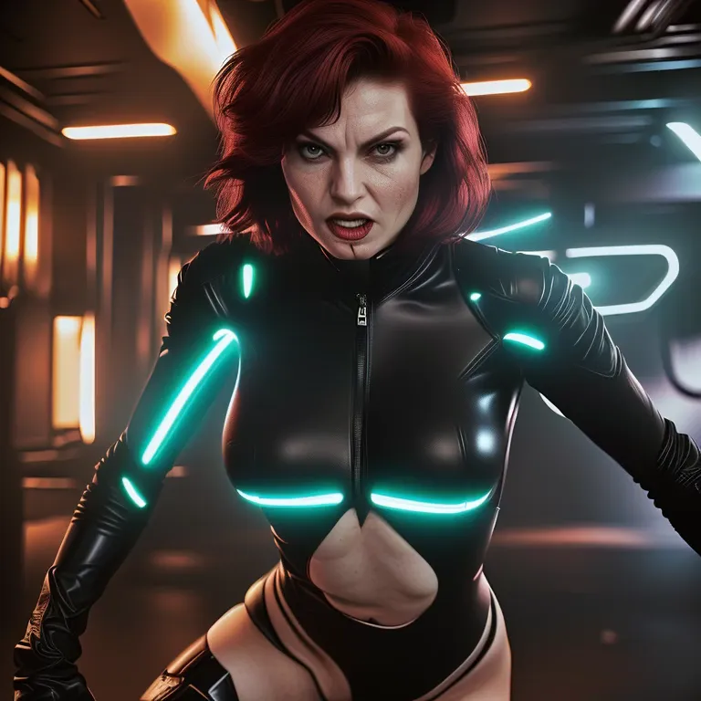 A sassy, obnoxious red-haired dominatrix woman, (Sandra Bernhard age 25), in a Tron-inspired futuristic sci-fi setting, punishin...