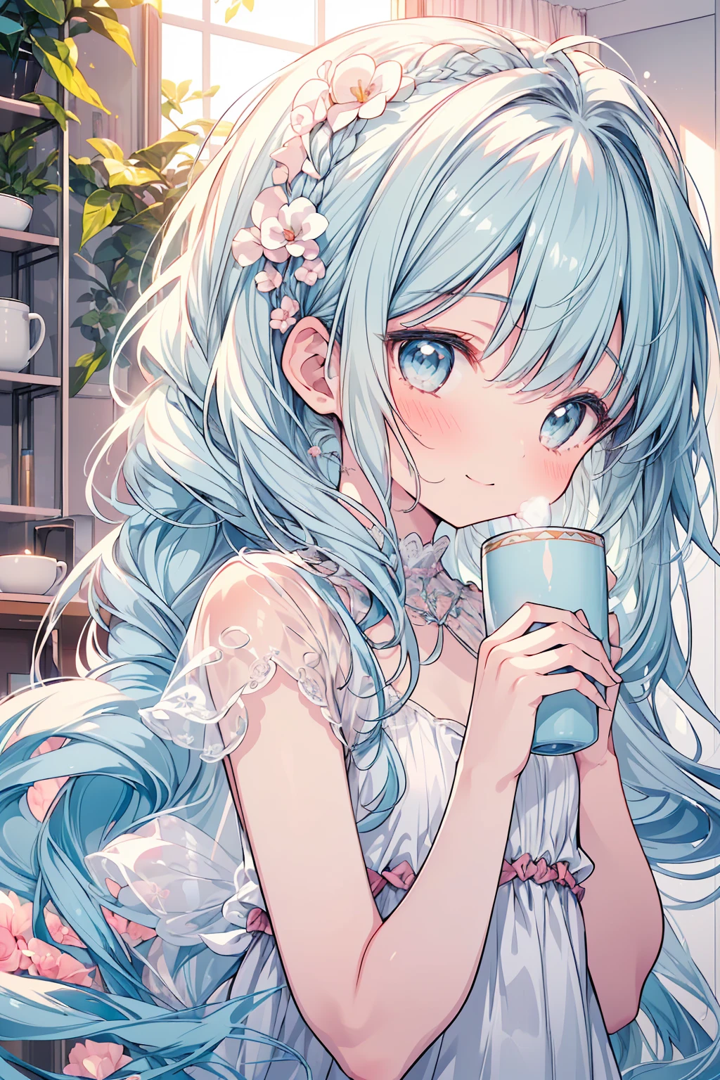 masterpiece, best quality, extremely detailed, (illustration, official art:1.1), 1 girl ,(((( light blue long hair)))), ,(((( light blue long hair)))),light blue hair, ,, long hair ((blush)) , cute face, big eyes, masterpiece, best quality,(((((a very delicate and beautiful girl))))),Amazing,beautiful detailed eyes,blunt bangs((((little delicate girl)))),tareme(true beautiful:1.2), sense of depth,dynamic angle,,,, affectionate smile, (true beautiful:1.2),,(tiny 1girl model:1.2),)(flat chest), (((masterpiece))), (((best quality))), (((ultra detailed))), sunset, Girl drinking cocoa in mug, steam rising from mug, background is room with warm atmosphere, happy, cutecore, anime deformation style cute illustration ,