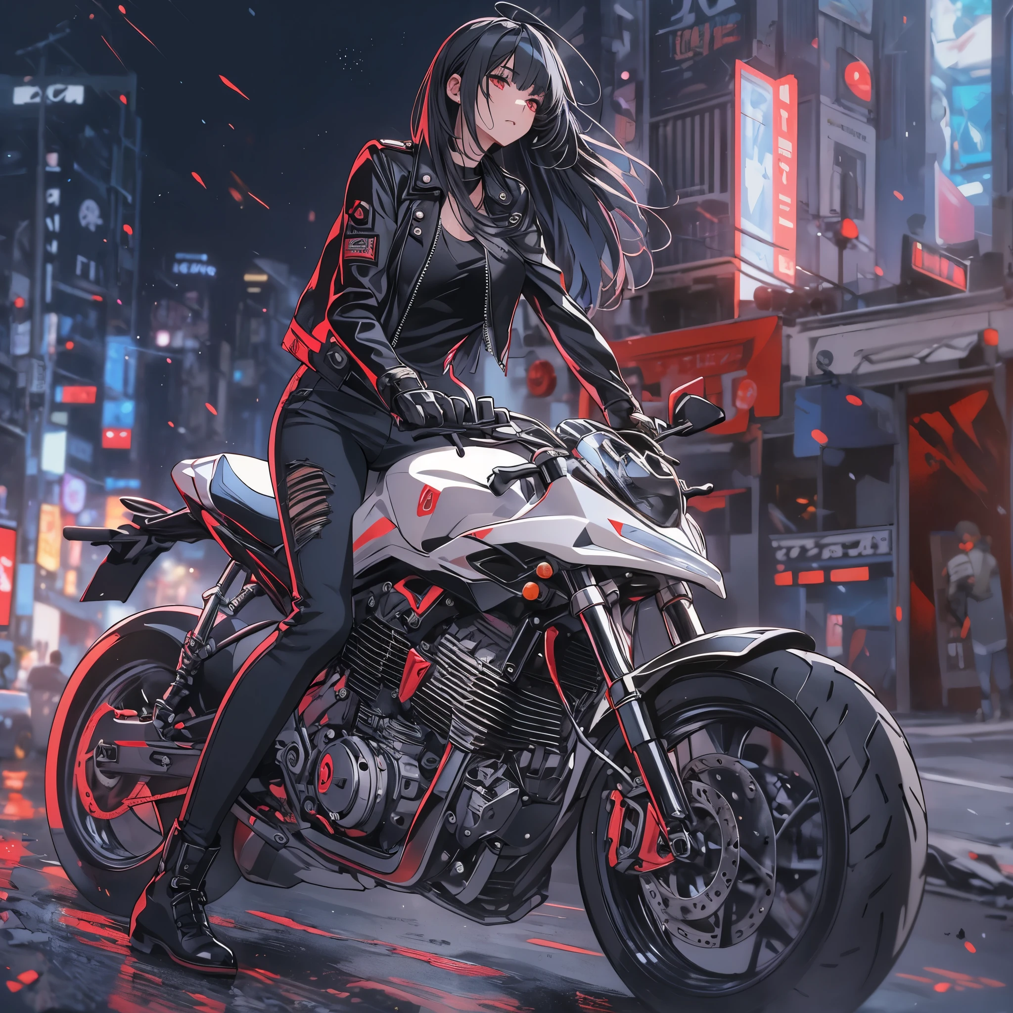 Girl on a motorcycle, Black leather jacket, White shirt, Damaged Jeans, Leather Boots, Have a helmet, motorcycle, black hair, colored inner hair, hair over shoulder, floating hair, tsurime, red eyes, parted lips, full body, anime style, depth of field, cinematic lighting, bloom, UHD, retina, masterpiece, ccurate, anatomically correct, textured skin, super detail, high details, high quality, award winning, best quality, highres, 4K