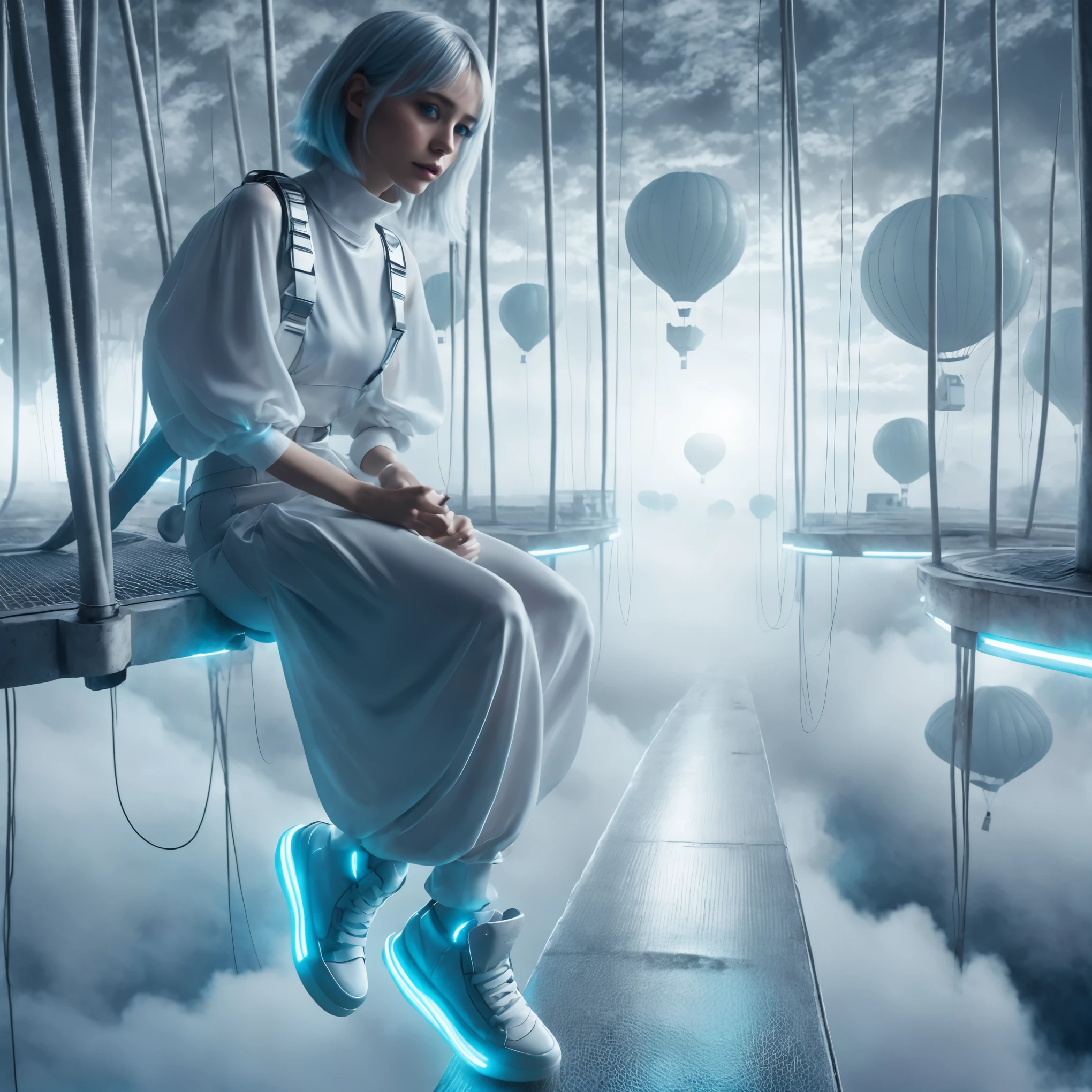 masterpiece, Best Quality, Realistic, In the dimly lit colony shrouded in white mist, she jumping as a solitary fashion model. She is sitting in a cyber-themed outfit centered around the color white. She wears a high-neck, sleeveless top paired with a maxi skirt with a round silhouette, from which a large balloon extends at the waist. Neon-lit harnesses are connected to her outfit, creating a futuristic atmosphere.

With her silver hair and blue glowing eyes, she completes her look with high-cut sneakers accented with neon. Captured from a side angle, she sits and gazes ahead with a somewhat melancholic expression, hyper small head and face, wide Duck mouth, half open mouth, perfectly aligned teeth, perfect beautiful teeth, light blue eyes, half open eyes, shiny Droopy eyes, gray hair, looking other, She is situated within the interior of a futuristic colony, with mist drifting and steam rising from concrete