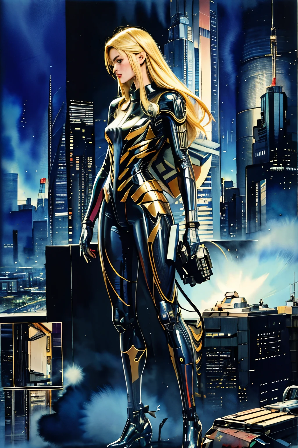 Meilleure qualité, dessus de la table, Style bande dessinée, 4k, dessin animé, très détaillé, Longue femme blonde, cybercombinaison, ville cyberpunk, seulement, avenir, Zone urbaine, (( la peinture à l&#39;aquarelle )), LIGNE DE VITESSE, ligne de concentration, Mangas de science-fiction