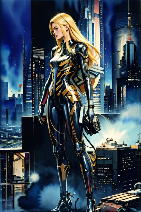 Best Quality, masutepiece, Comic style, 4K, cartoon, Highly detailed, Long blonde woman, cybersuit, Cyberpunk City, Solo, Future...