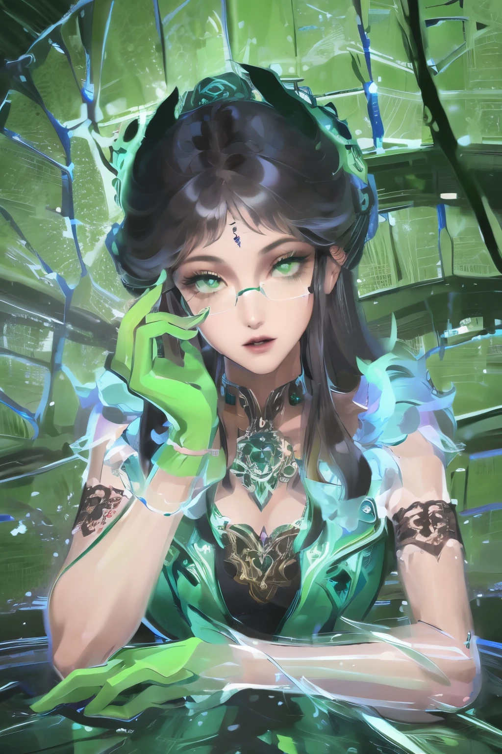 High resolution, Clear focus, Pixiv masterpiece, ((Intricate details)), Very detailed, Yuri Alpha, 1 Girl, Black Hair, (Green wristband, Green gloves, peak,:1.1) Glasses, Green Eyes, 