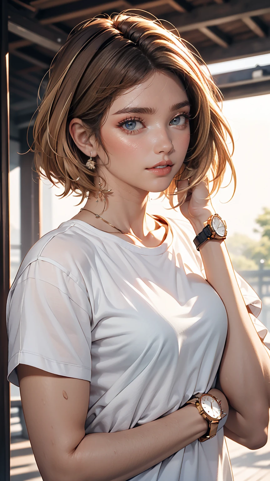 Asian, beautiful, thin, cute, 30th Generation, beautiful Face, beautiful Skin, actress, mature, Upper Body, Light brown hair, thin髪, Live Action, masterpiece, highest quality, Highly detailed CG Unity 8K wallpaper, Ultra-high resolution, Casual Fashion, Lighting, Summer Fashion, (Natural brown hair: 0.8), (Puffy eyes), Watch the audience, turn around, Bleached Hair, Model pose, White Background, Delicate skin types, Light curly hair, Put your hands around your mouth, White T-shirt, Hair model photo