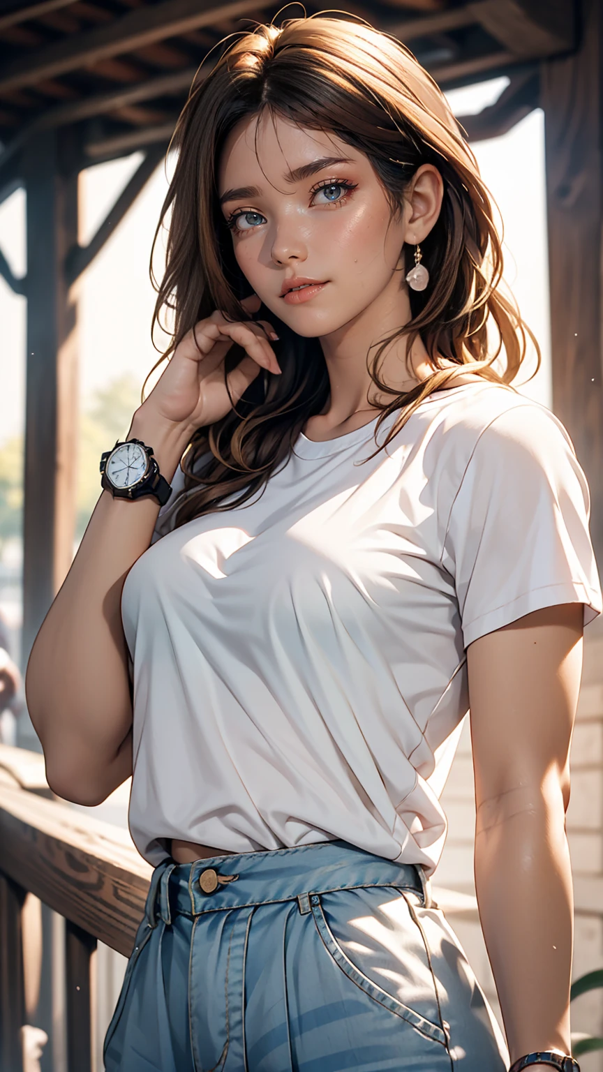 Asian, beautiful, thin, cute, 30th Generation, beautiful Face, beautiful Skin, actress, mature, Upper Body, Light brown hair, thin髪, Live Action, masterpiece, highest quality, Highly detailed CG Unity 8K wallpaper, Ultra-high resolution, Casual Fashion, Lighting, Summer Fashion, (Natural brown hair: 0.8), (Puffy eyes), Watch the audience, turn around, Bleached Hair, Model pose, White Background, Delicate skin types, Light curly hair, Put your hands around your mouth, White T-shirt, Hair model photo