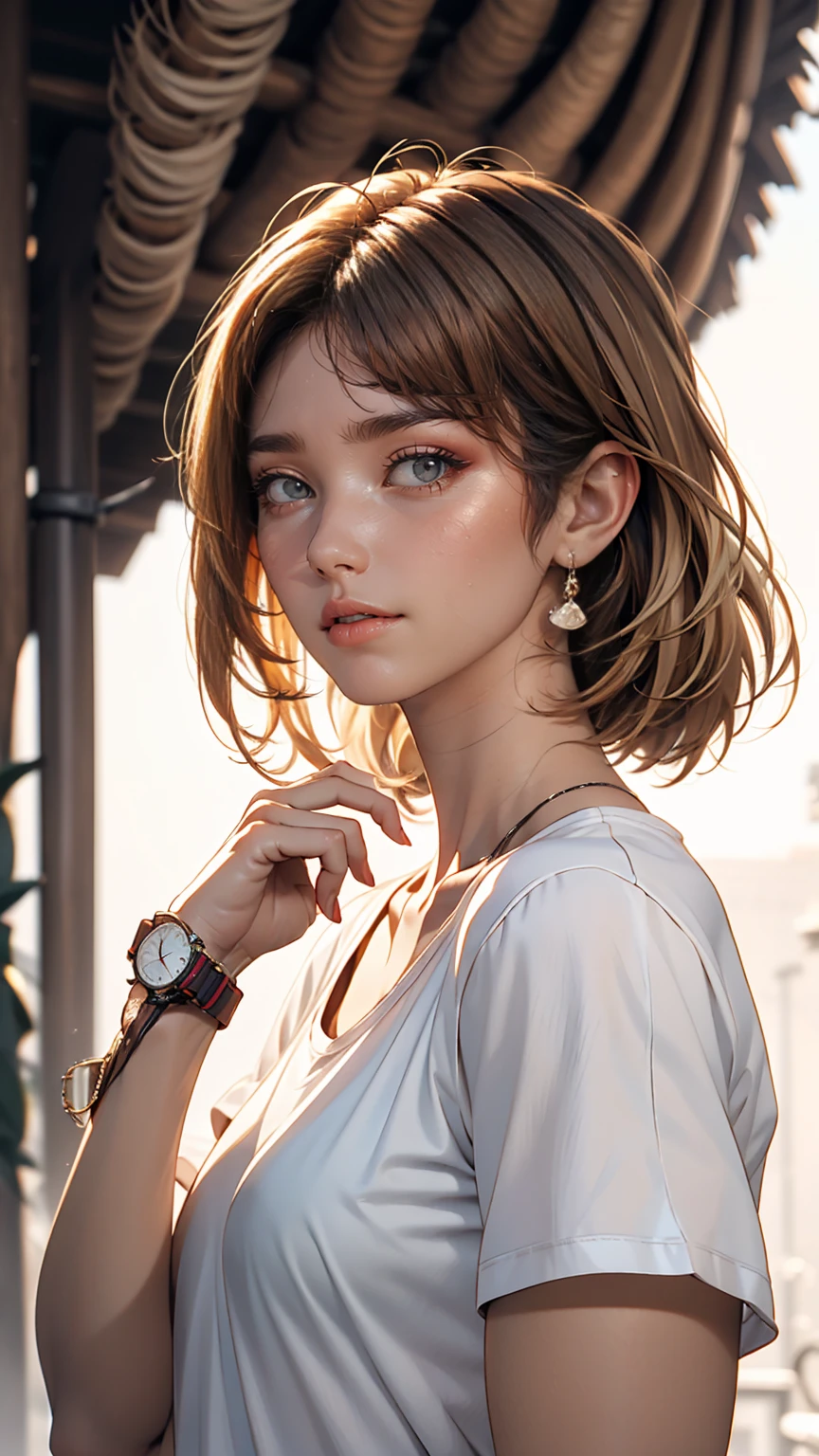 Asian, beautiful, thin, cute, 30th Generation, beautiful Face, beautiful Skin, actress, mature, Upper Body, Light brown hair, thin髪, Live Action, masterpiece, highest quality, Highly detailed CG Unity 8K wallpaper, Ultra-high resolution, Casual Fashion, Lighting, Summer Fashion, (Natural brown hair: 0.8), (Puffy eyes), Watch the audience, turn around, Bleached Hair, Model pose, White Background, Delicate skin types, Light curly hair, Put your hands around your mouth, White T-shirt, Hair model photo