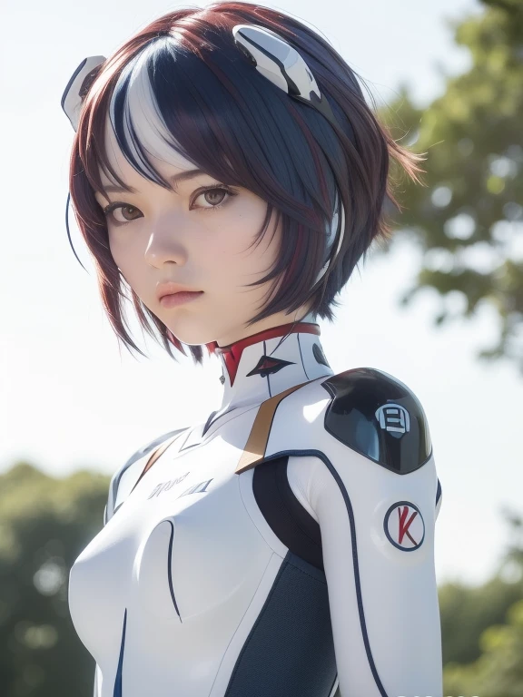 masterpiece:1.0), highest quality, (Beautiful details:1.6), Detailed upper body photos, Accurate anatomy, Natural light, Forest and sky in the background, 
Evangelion, Ayanami Rei, Rei Ayanami, One Woman, Japanese, 
Dark red eyes, dark red eyes, (Red eyes:1.2), Mouth slightly open, 
(Dark blue hair:1.6), Smooth Hair, fine hair, short hair, A lot of hair on the cheeks, 
Semi-oval headset interface, Small headgear with separate left and right sections, 
Small breasts, small breasts, 
bodysuit, Complete plug suit, Simple plug suit, White-based bodysuit, Smooth bodysuit, 