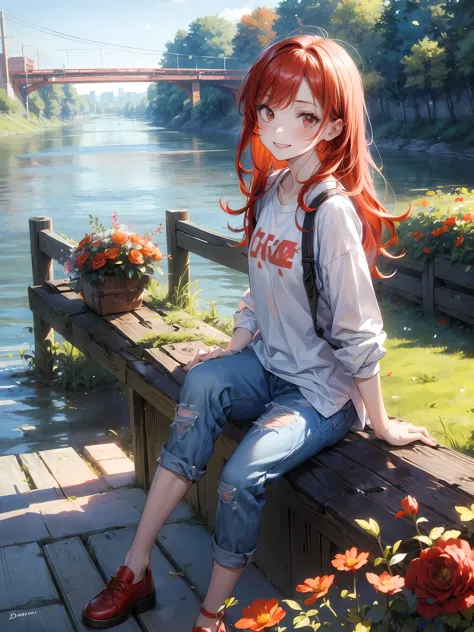 The art of math, (girl, Red_hair, Flowers, Baggy jeans, White shirt, A cautious smile, Cute appearance), (Sit on a bench, River ...