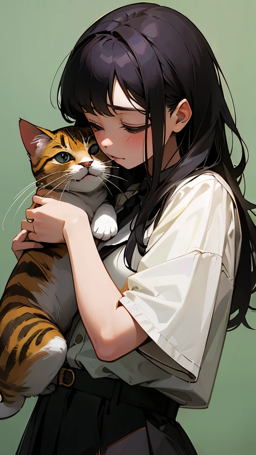 (highest quality、masterpiece)、(One human girl)、(A cat clinging to a girl&#39;s lap)、(Cat hanging from girl&#39;s arm)、(A cat jumps at a girl)、(A cat lying down doing nothing)、Simple Background、(Blank background)、