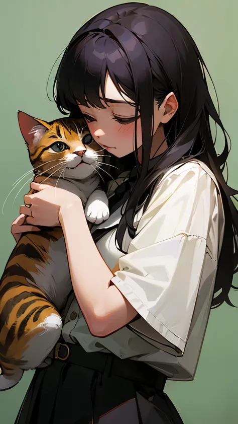 (highest quality、masterpiece)、(One human girl)、(A cat clinging to a girl&#39;s lap)、(Cat hanging from girl&#39;s arm)、(A cat jum...