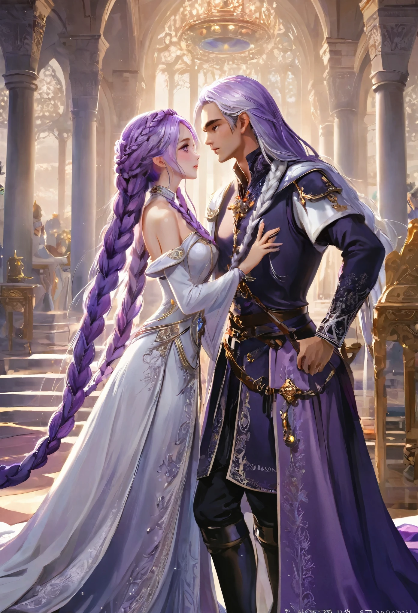(masterpiece: 1.2, best quality), (Intricate details, Depth of Field), Very detailed, A princess and a prince looked at each other, yinji, purple hair, purple eyes, long hair, white hair, double braids, gradient hair, Royal Costumes, Slim body, Golden Crown, Wear boots, Off-shoulder, In a medieval palace