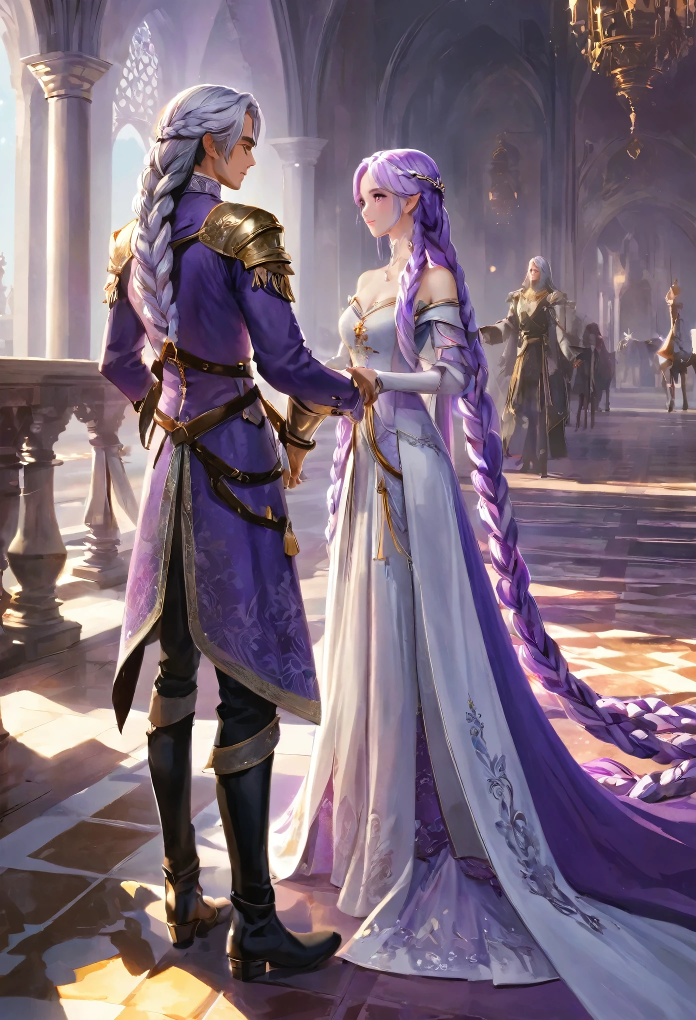 (傑作: 1.2, 最高品質), (複雑なディテール, 被写界深度), 非常に詳細, 王女と王子はお互いを見ました, インジ, 紫色の髪, 紫色の目, 長い髪, 白髪, 二重編み, グラデーションヘア, 王室の衣装, ほっそりしたからだ, 金の王冠, ブーツを履く, オフショルダー, 中世の宮殿で