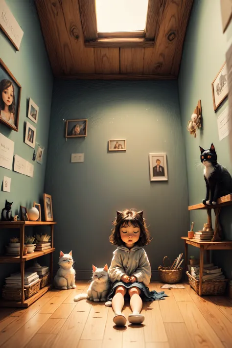 a 5 year old girl, beautiful fluffy cat, tender, idyllic, magical scene, beautiful children's room, (best quality, 4k, 8k, highr...