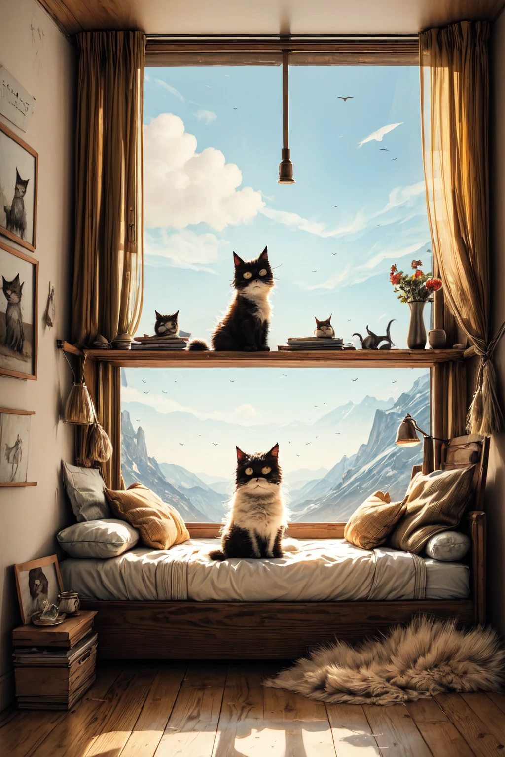 a 5 year old girl, beautiful fluffy cat, tender, idyllic, magical scene, beautiful children's room, (best quality, 4k, 8k, highres, masterpiece:1.2), ultra-detailed, (realistic, photorealistic, photo-realistic:1.37), warm lighting, vibrant colors, soft focus, fairy tale, dreamy, cozy, adorable, cute, whimsical, fantasy, enchanting, serene, peaceful, innocent, heartwarming, imaginative