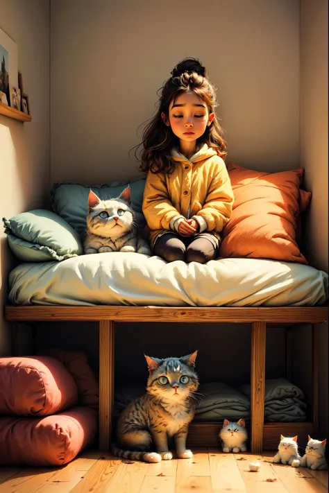 a 5 year old girl, beautiful fluffy cat, tender, idyllic, magical scene, beautiful children's room, (best quality, 4k, 8k, highr...