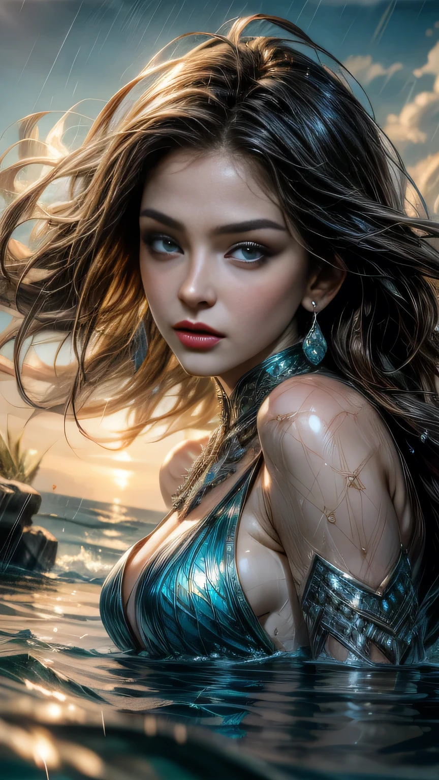 (RAW shooting, dignity: 1.0, 32k: 1.5, highest quality, masterpiece, super high resolution), (Snow, sea: 0.7, majestic background: 0.7, mysterious expression: 1.3,), Perfect dynamic composition: 1.3, Mermaid princess swimming in the sea, alone, highly detailed skin and facial texture: 1.3, (Slim mermaid: 1.3, mermaid tail), dynamic pose, random angle, fair skin: 1.2, Believable Incredibly beautiful body: 1.2, Fractal art: 1.1, Very beautiful face: 1.1, Detailed and perfect face: 1.2, Water drops skin, details, (Rain dripping on the body: 1.1, Wet body: 1.1, Wet hair :1.1), (Posing pro: 0.9, Holding a wet bouquet: 0.9, Portrait in a gorgeous, shiny mermaid dress: 1.1, Woven belt ), Well-shaped chest, (Big eyes that exude beautiful eroticism: 0.5 , Lips that exude beautiful eros: 0.5), I love you, Very sweet atmosphere, Necklace, earrings, bracelet,
