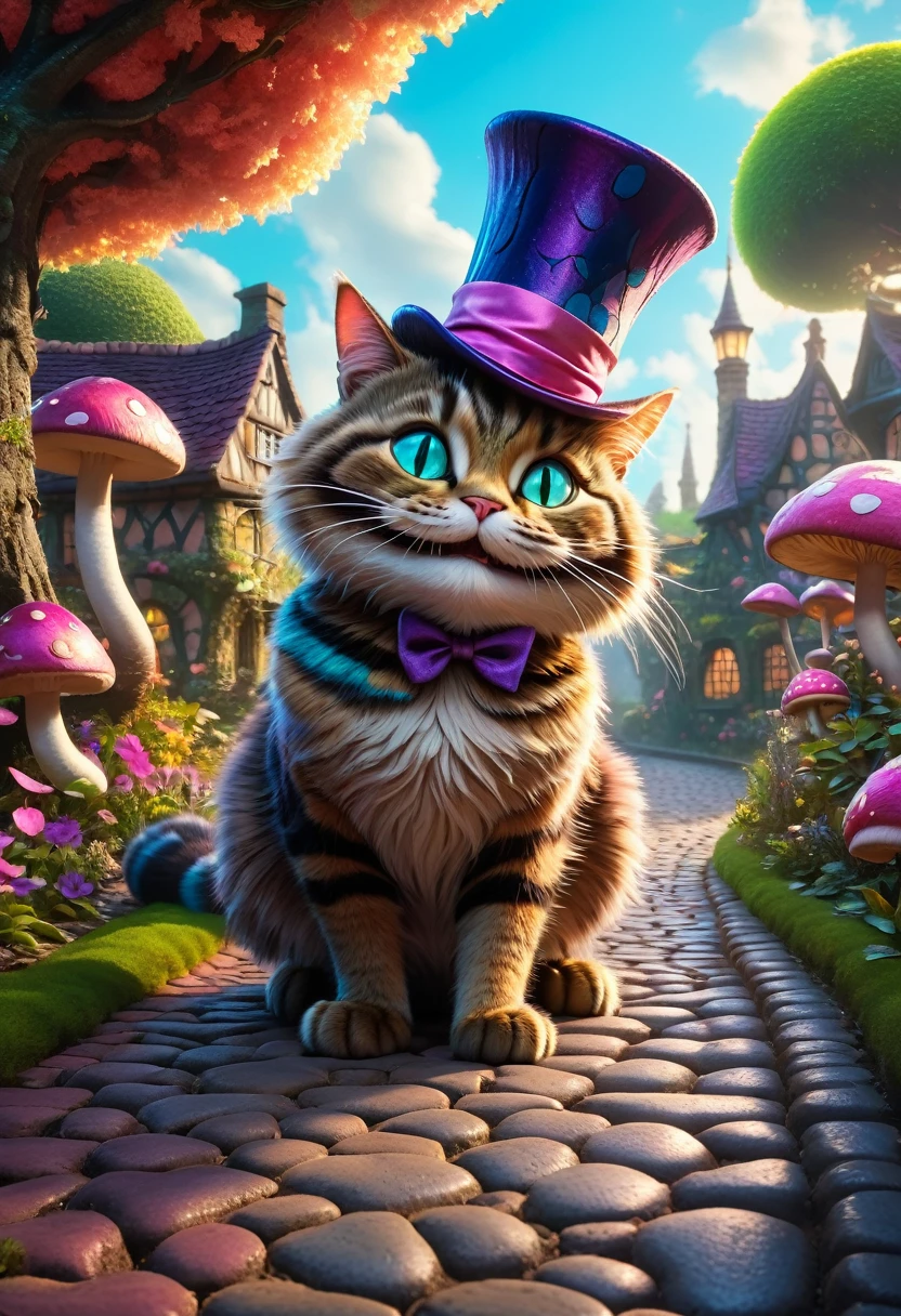 Side view, In a whimsical garden, a Cheshire cat wearing a top hat and smiling looks at A lovely girl. The cobblestone road, floating mushrooms, surreal scenery, vibrant colors, cinematic lighting, dreamy atmosphere, highly detailed, 8k, realistic, masterpiece