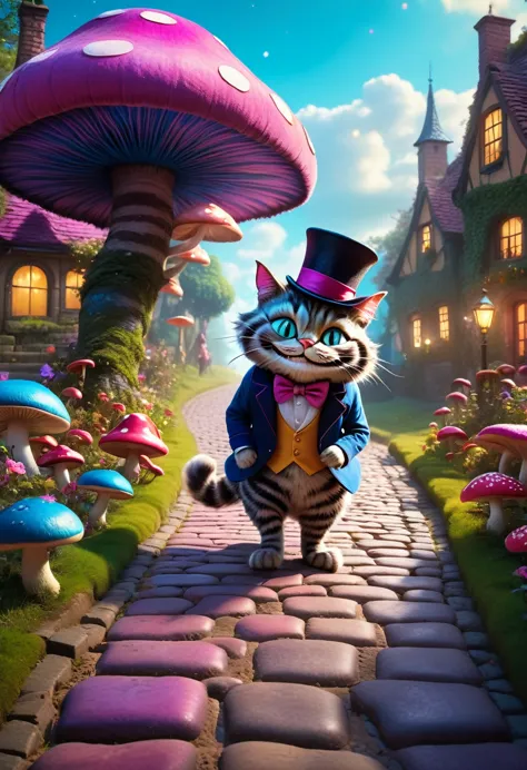 Side view, In a whimsical garden, a Cheshire cat wearing a top hat and smiling looks at A girl walking on a cobblestone road, fl...