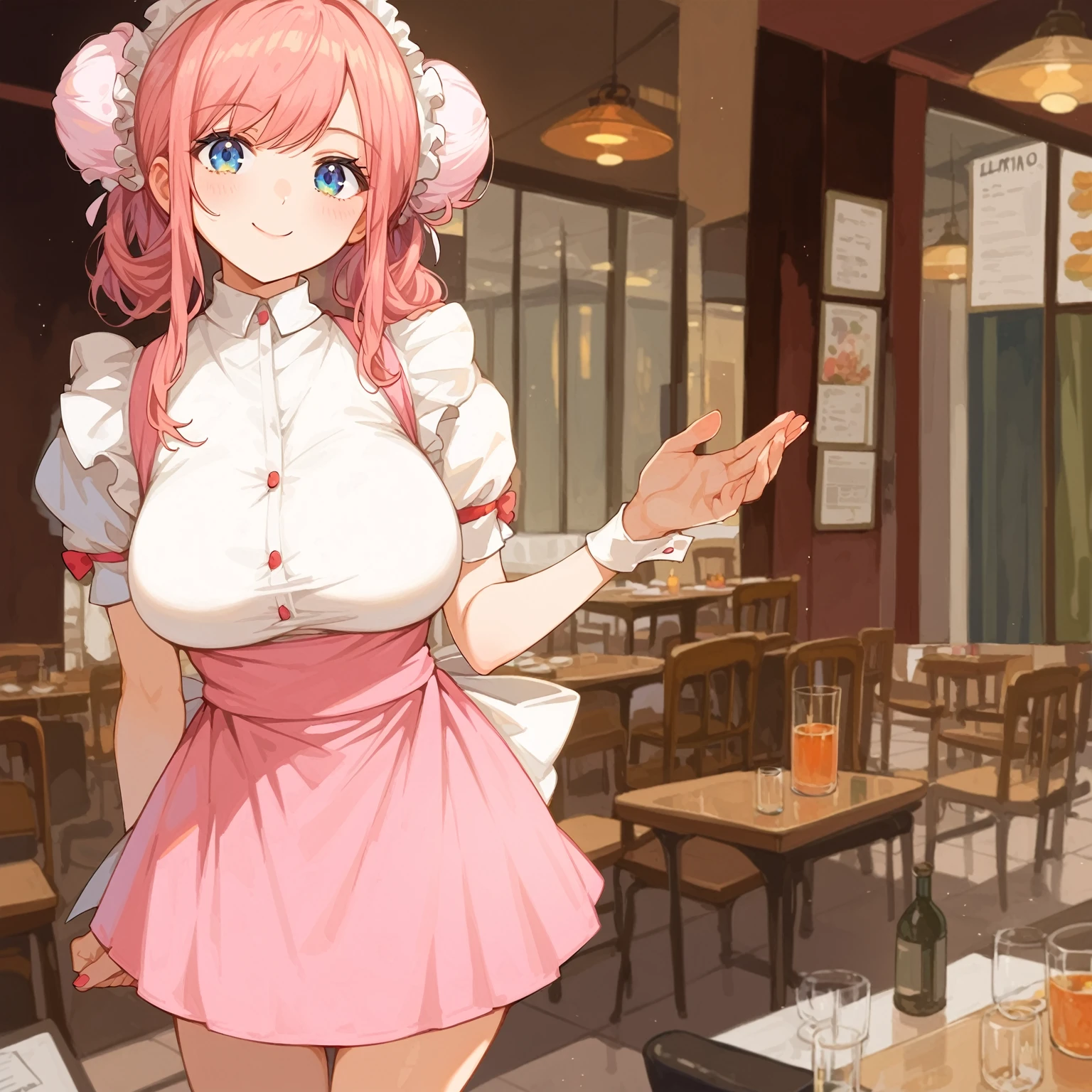 masterpiece, best quality, high resolution, extremely detailed CG, absurdres, 1girl, a girl in waitress costume at the ((front of restaurant)), ((bare hand)), whire_shirt ,Puff_sleeves, (1girl, pink_miniskirt, pink_hair, double bun), Anna Miller, Anmira, kawaii, large breasts, score_9, score_8_up, score_7_up, source_anime,kawaii,more details, holography