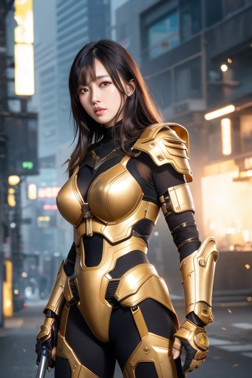 Digital Cyberpunk Art、highest quality、Ultra-high quality CG Unity 8K、Brown medium hair、One Japanese woman、Medium chest、Cyberpunk armor、Wearing shiny metallic gold mechanical armor、((Mechanic armor))、Stand in the devastated wilderness、(fighting stance)